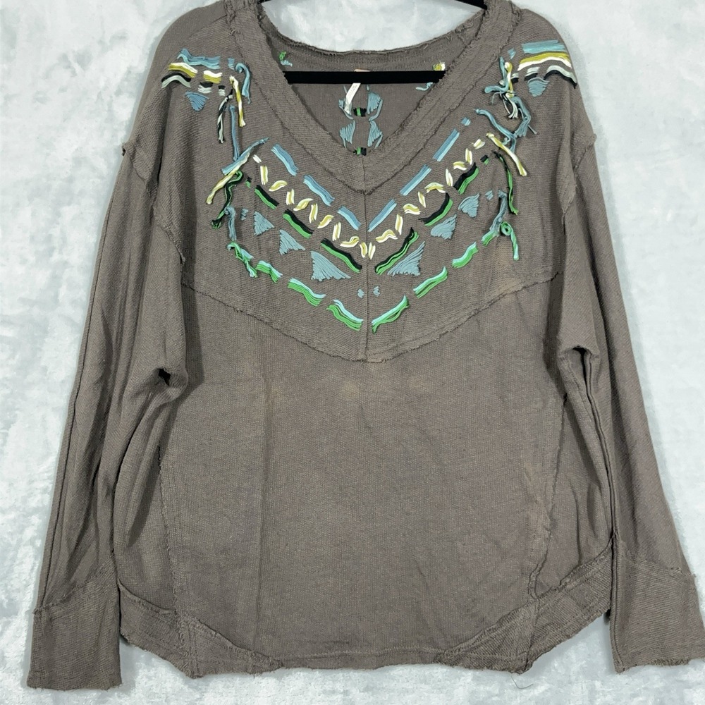 Free People Waffle Knit Pullover Embroidered Boho Destroyed Top OVERSIZED S
